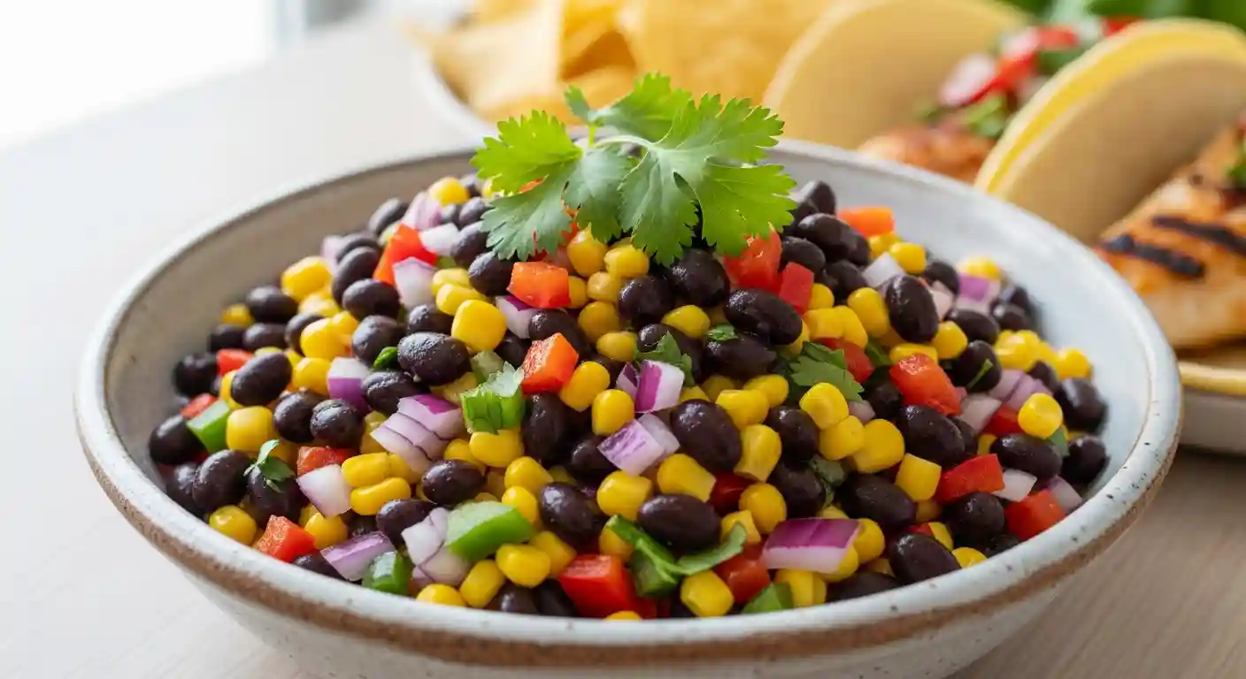 Close-up of vibrant black bean and corn relish in a rustic bowl, garnished with cilantro, with blurred tortilla chips and a taco in the background.Brighten your table with this fresh and flavorful Black Bean and Corn Relish – perfect for any occasion!