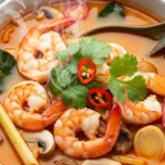Close-up of a steaming bowl of creamy Tom Yum Goong soup with large shrimp, mushrooms, tomatoes, and fresh herbs, ready to be served.