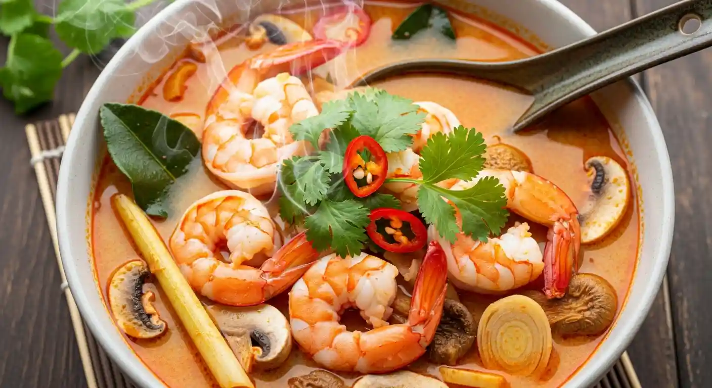 Close-up of a steaming bowl of creamy Tom Yum Goong soup with large shrimp, mushrooms, tomatoes, and fresh herbs, ready to be served.