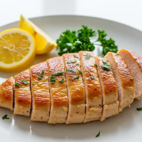 Close-up of perfectly seared thin-sliced chicken breast with fresh lemon wedges and parsley on a white plate.
