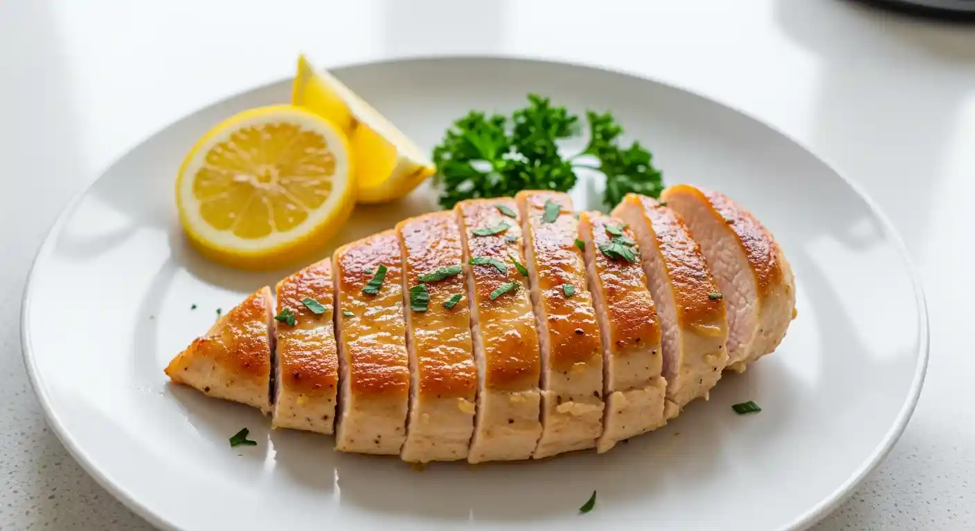 Close-up of perfectly seared thin-sliced chicken breast with fresh lemon wedges and parsley on a white plate.