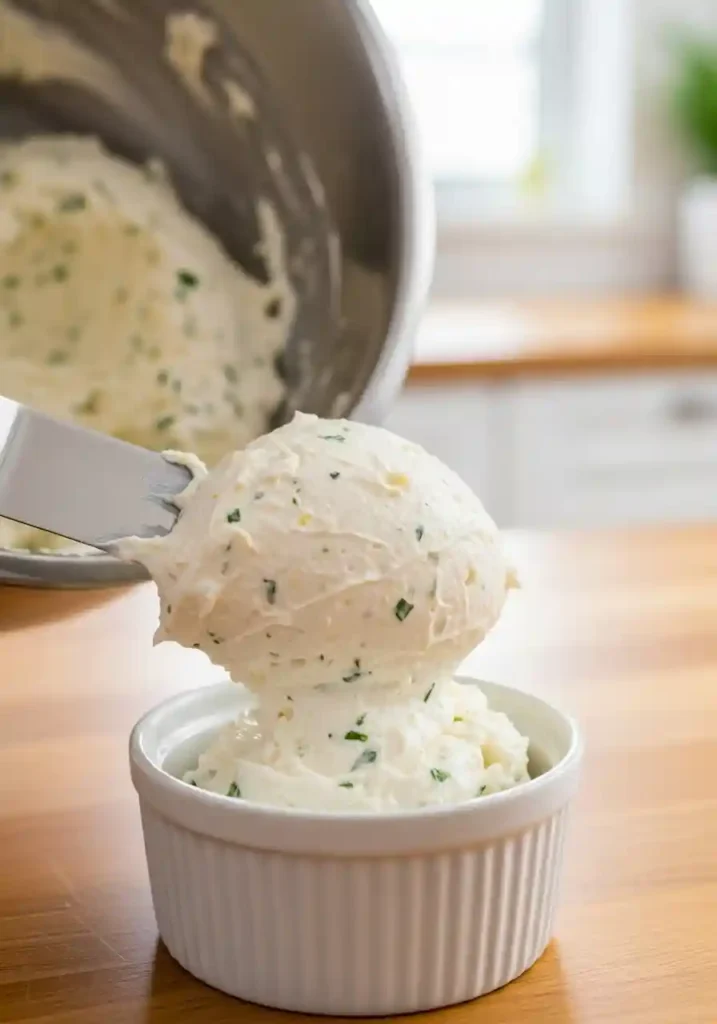Transferring the finished homemade Boursin cheese into a white ramekin for chilling.