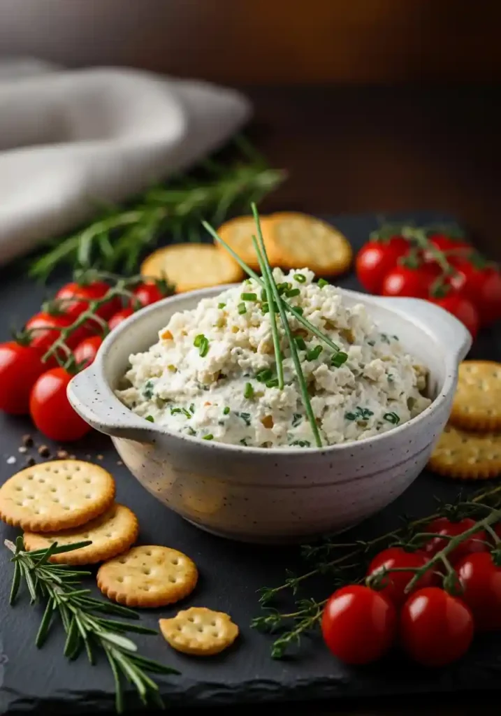 Homemade Boursin cheese with garlic and herbs in a white bowl, served with crackers and fresh vegetables.