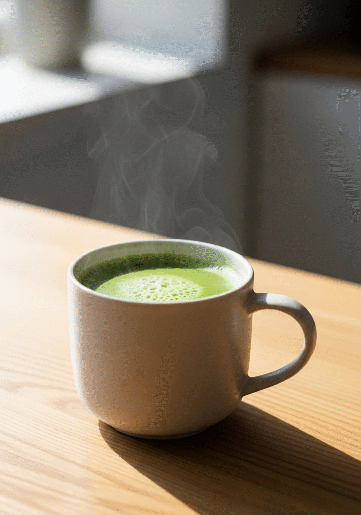 A vibrant green, steaming Japanese Mounjaro drink in an elegant ceramic mug, professionally styled for a food blog.