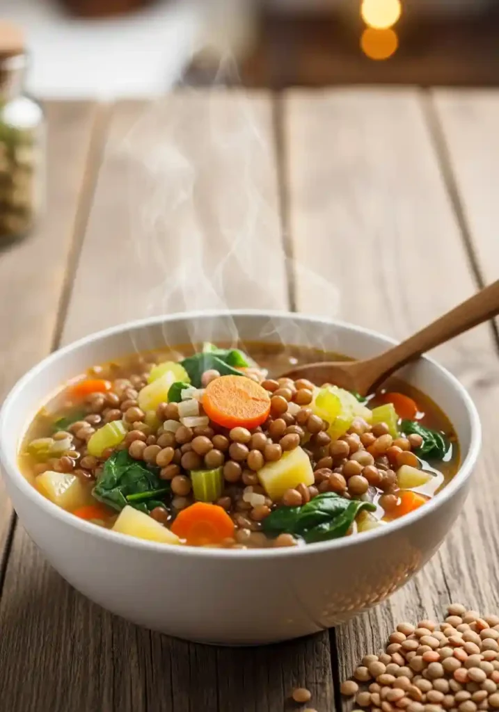 A close-up 16:9 image of a steaming bowl of healthy lentil soup, garnished with fresh parsley, served in a modern ceramic bowl on a light wooden table, exuding warmth and health.