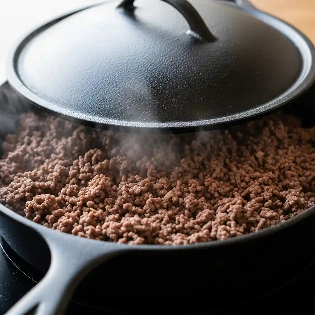 Overhead view of diced onions, minced garlic, and spices being added to browned ground venison in a cast iron skillet.