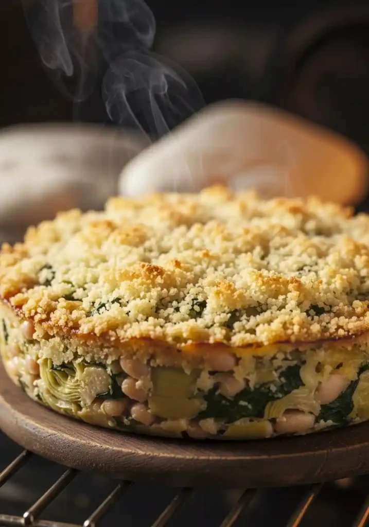 Hot and bubbly baked artichoke, spinach, and white bean dip with a golden-brown panko crust, just removed from the oven.
