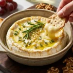 Close-up of golden, gooey garlic and herb baked brie topped with rosemary, served in a ceramic dish with crackers and fruit on a wooden board.