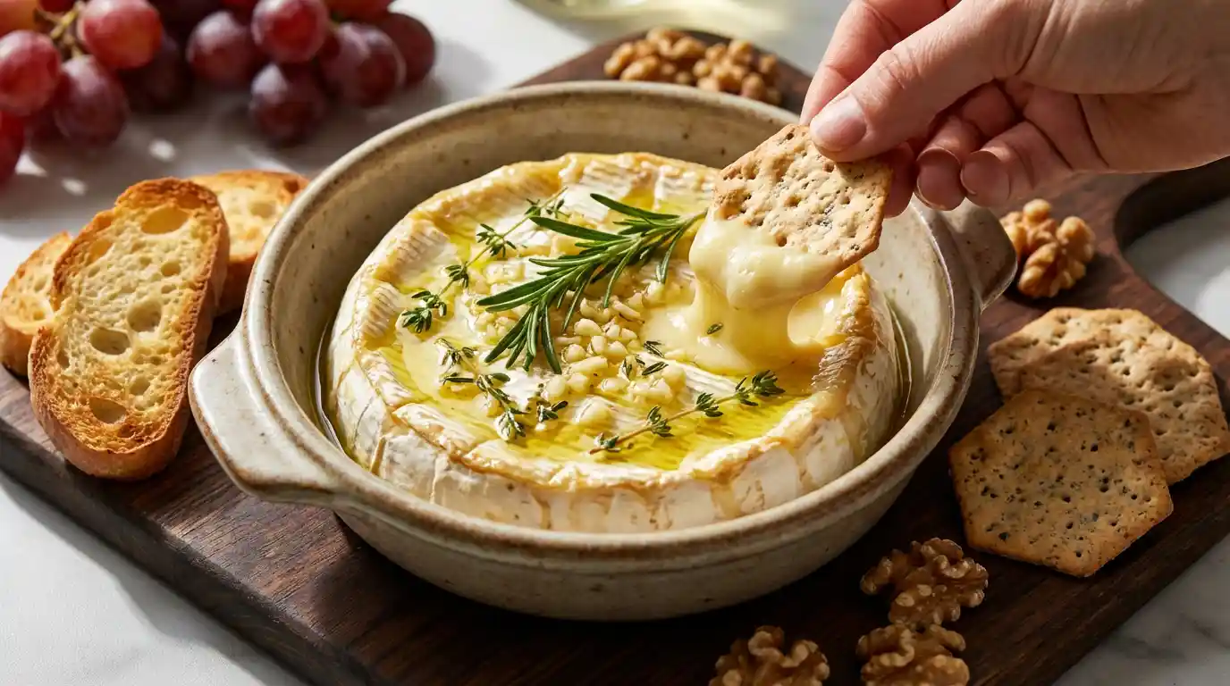 Close-up of golden, gooey garlic and herb baked brie topped with rosemary, served in a ceramic dish with crackers and fruit on a wooden board.