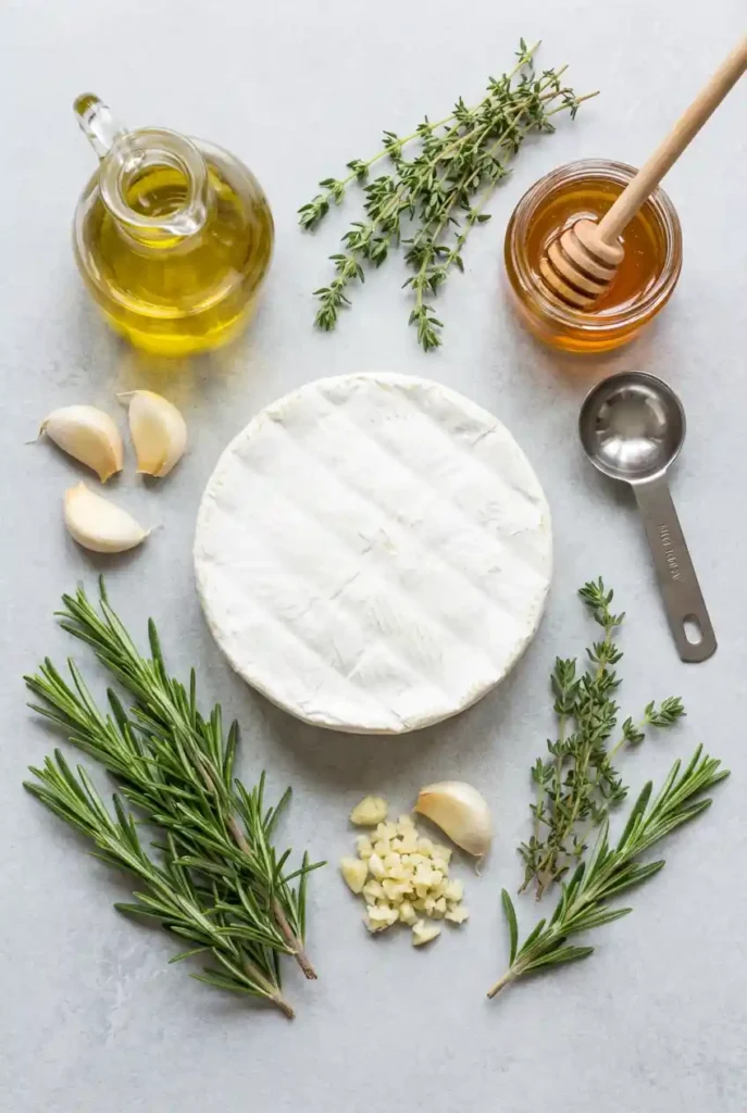 Flat lay of raw ingredients for baked brie including a wheel of brie, fresh herbs (rosemary and thyme), garlic, olive oil, and honey.