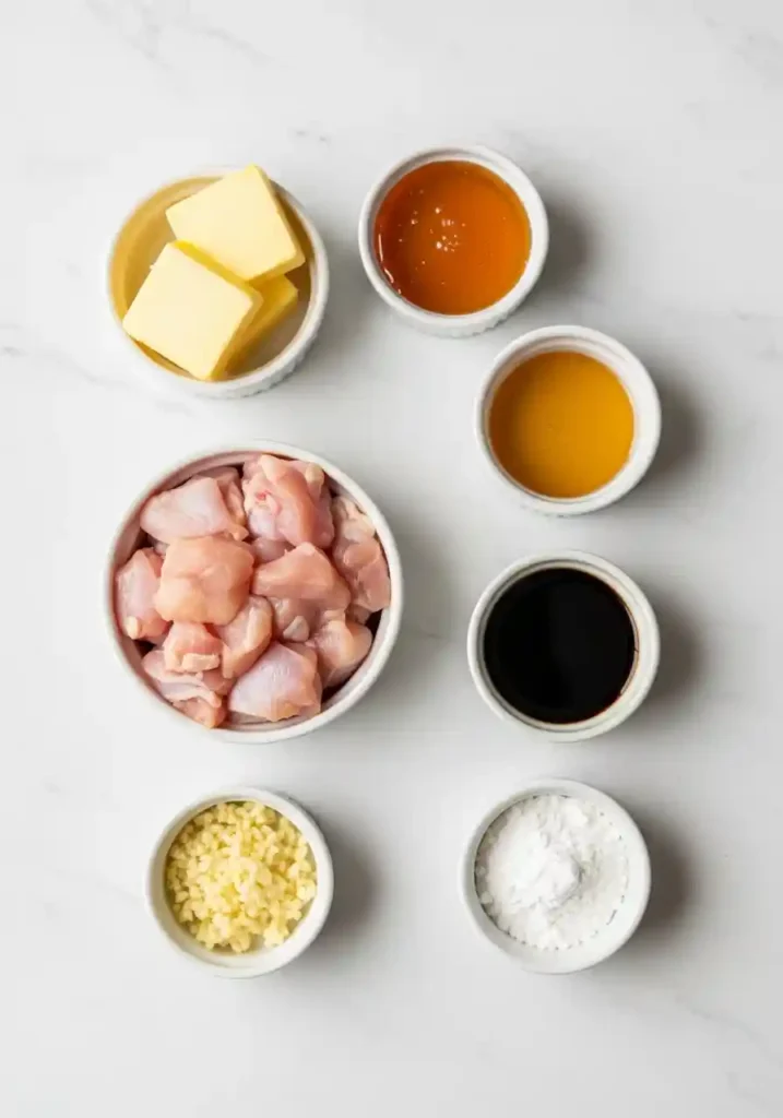 Flat lay of raw ingredients including chicken pieces, honey, butter, soy sauce, garlic, and cornstarch, arranged on a light countertop.