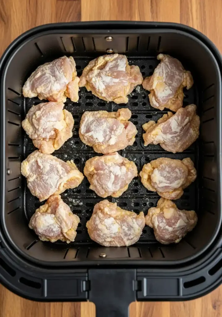 Close-up shot of seasoned chicken pieces placed in a single layer inside a preheated air fryer basket.