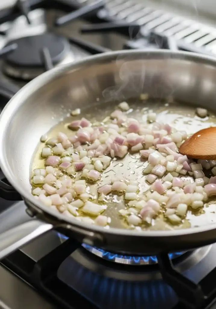 Finely chopped shallots gently sautéing in olive oil in a stainless steel skillet on a stovetop.