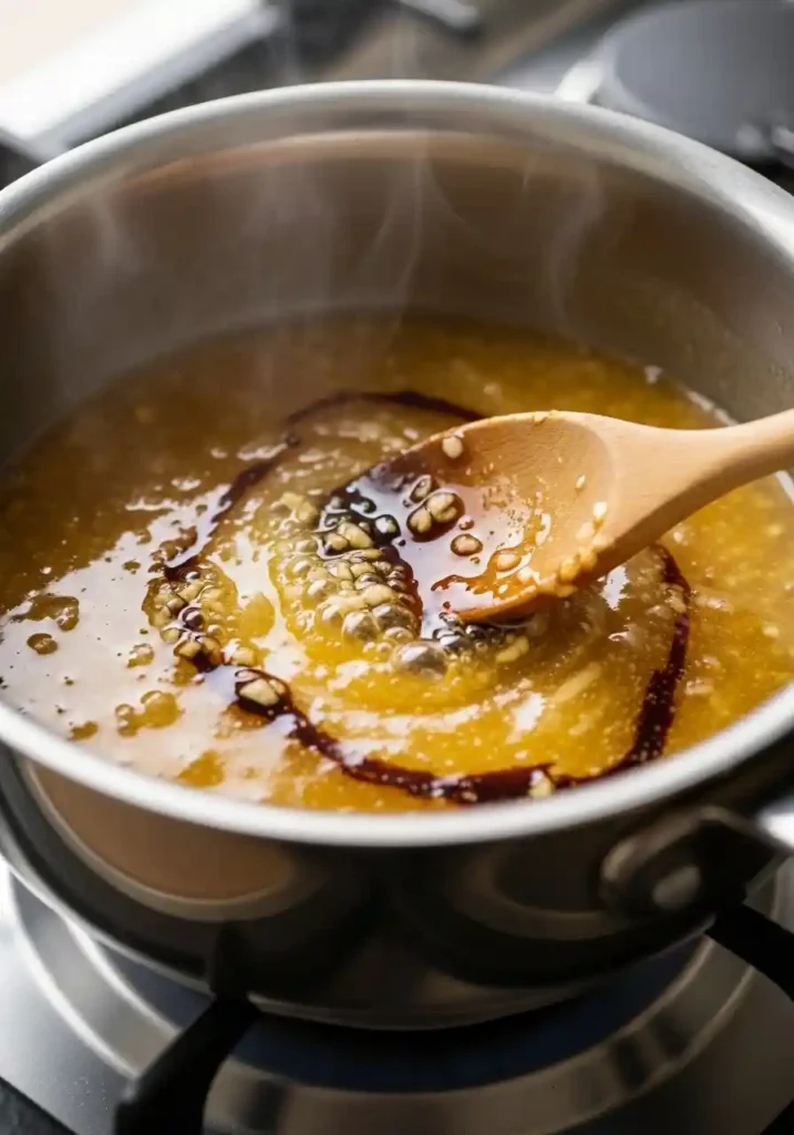 Close-up of butter, honey, soy sauce, and minced garlic melting and simmering in a small saucepan to form the glaze.