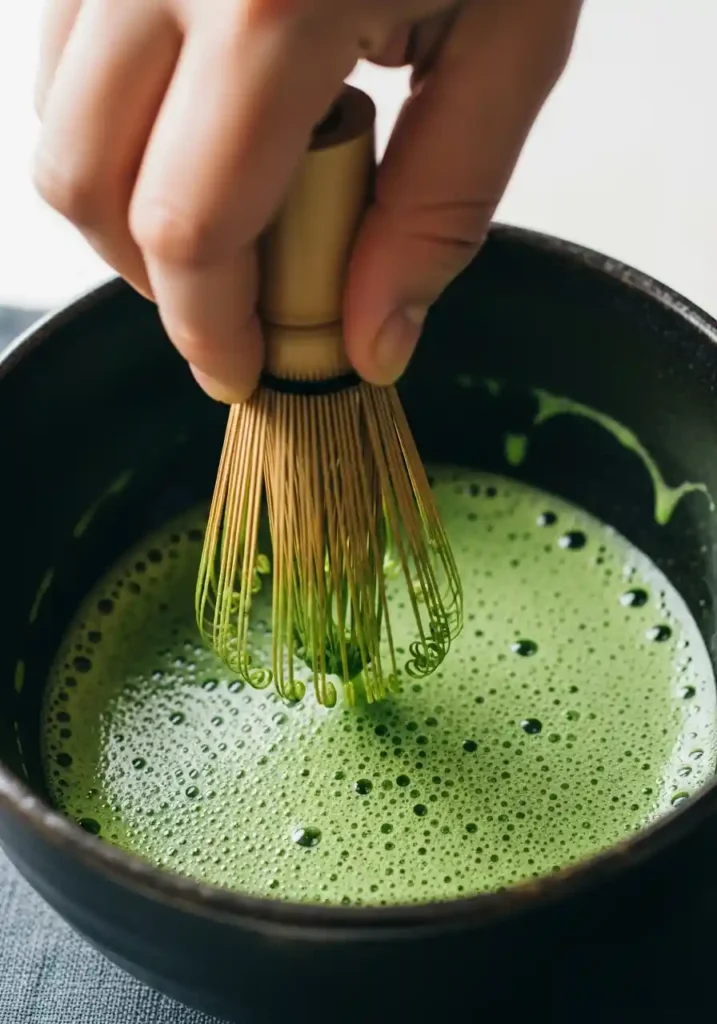 A bamboo whisk vigorously frothing vibrant green matcha tea in a ceramic bowl.