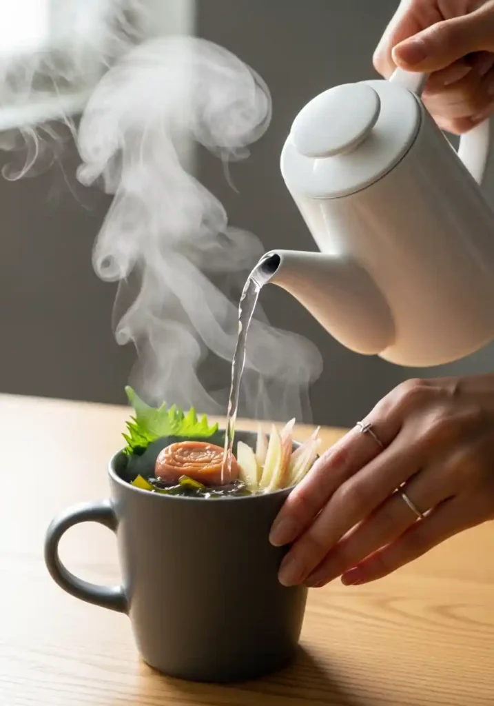 Hand pouring steaming hot water into a mug containing umeboshi, ginger, and kombu seaweed.