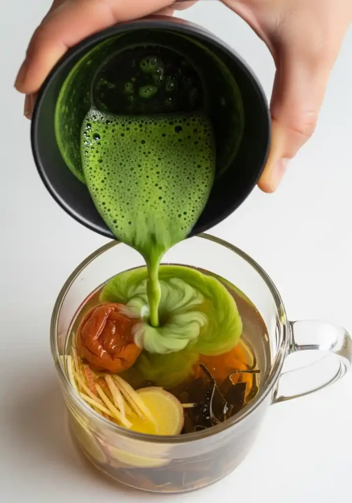 Hand pouring frothy whisked matcha into a mug with infused umeboshi, ginger, and kombu water.