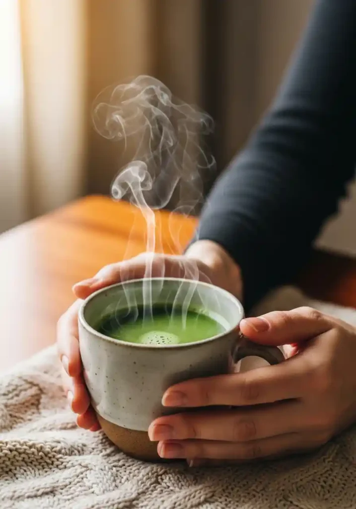Hands gently holding a warm, vibrant green Japanese Mounjaro drink in an elegant ceramic mug, ready to be enjoyed.