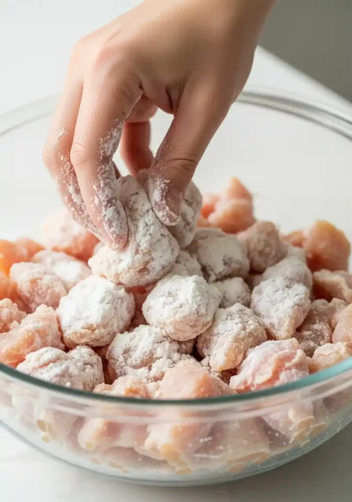 Hand tossing raw, seasoned chicken pieces with cornstarch in a glass mixing bowl for air frying.