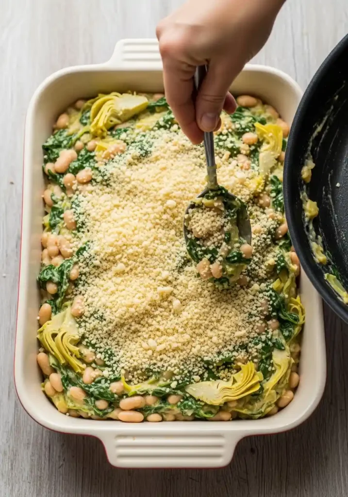 Artichoke, spinach, and white bean dip being transferred into an oven-safe ceramic baking dish, with panko breadcrumbs sprinkled on top.