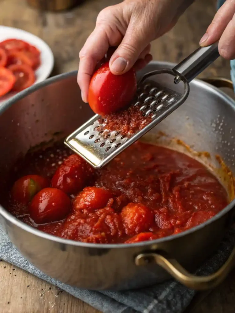 A hand crushing whole peeled San Marzano tomatoes directly into a skillet of simmering Arrabbiata sauce.