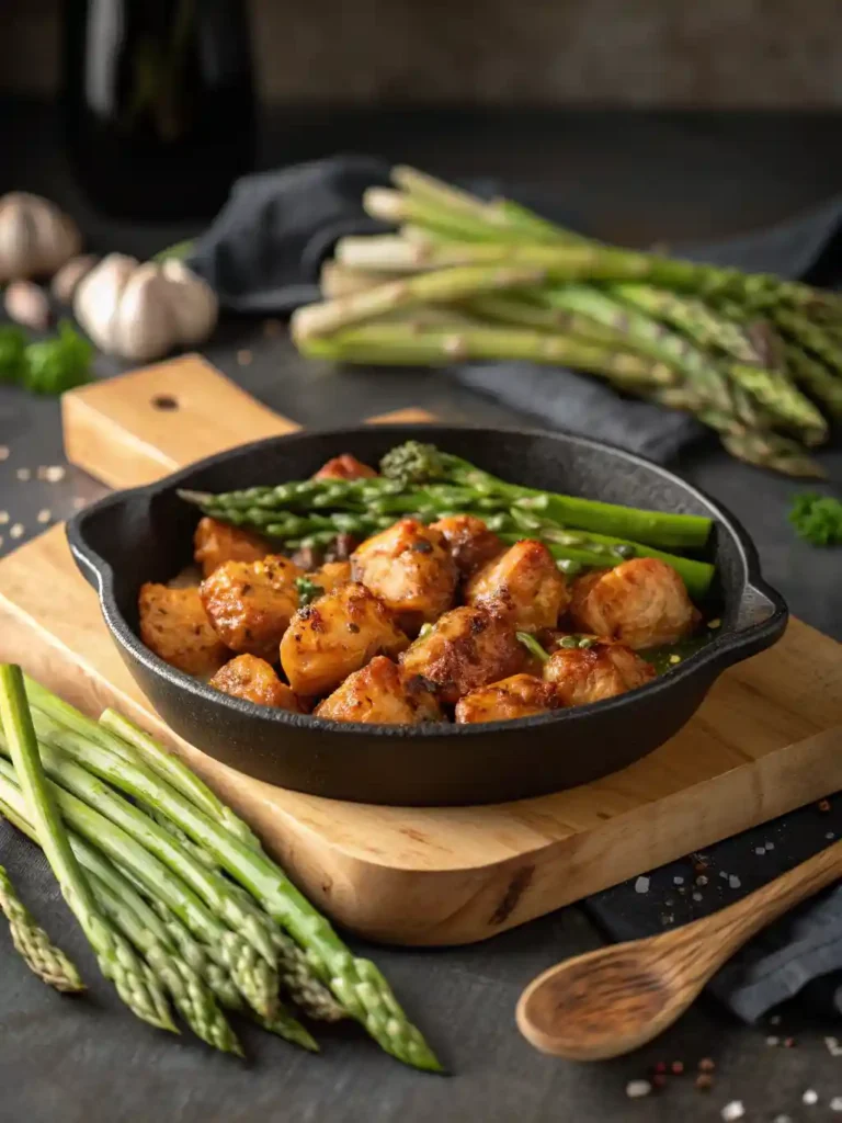 A cast iron skillet filled with golden brown chicken bites and bright green asparagus spears coated in a glossy garlic butter sauce, garnished with parsley.