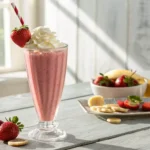 Tall glass of vibrant pink strawberry banana milkshake topped with whipped cream and colorful sprinkles, on a bright kitchen counter.