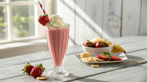 Tall glass of vibrant pink strawberry banana milkshake topped with whipped cream and colorful sprinkles, on a bright kitchen counter.