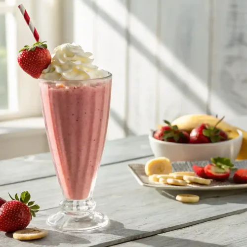 Tall glass of vibrant pink strawberry banana milkshake topped with whipped cream and colorful sprinkles, on a bright kitchen counter.