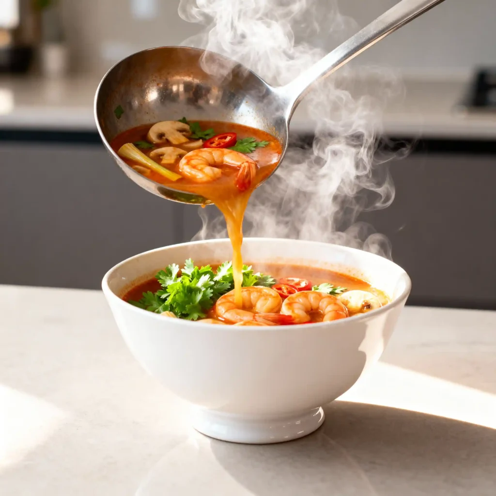 Creamy Tom Yum soup with evaporated milk and Thai chili paste being stirred in a pot, showing rich texture.