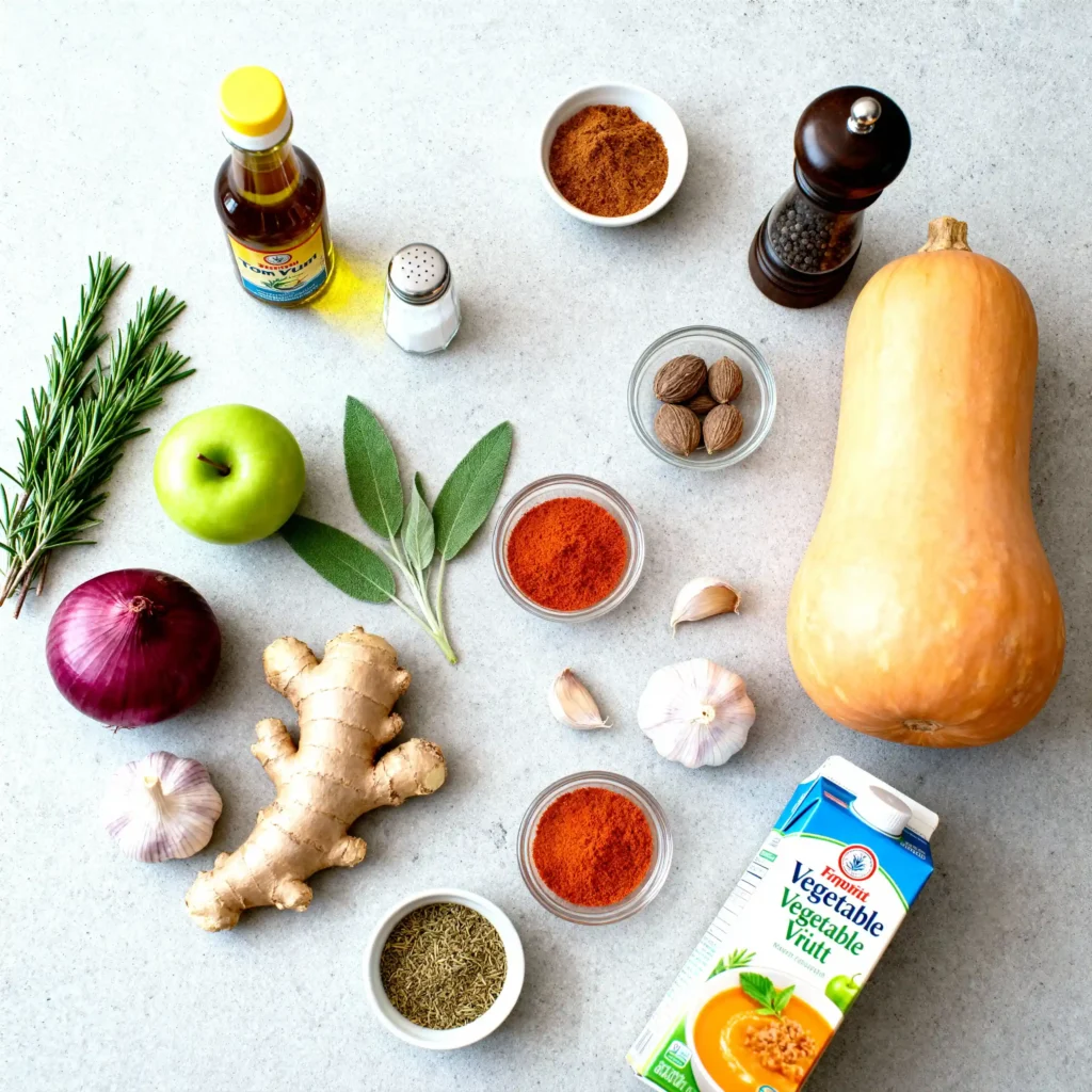 A flat-lay arrangement of fresh ingredients for healthy butternut squash soup, including butternut squash, herbs, spices, and broth.