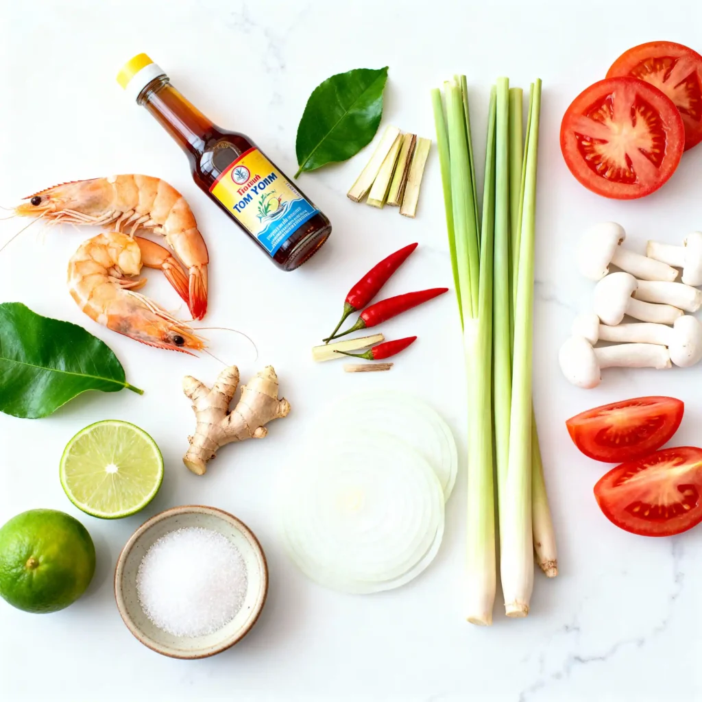 Overhead flat lay shot of all fresh ingredients for Tom Yum soup, including raw shrimp, lemongrass, galangal, lime leaves, chilies, and various vegetables.