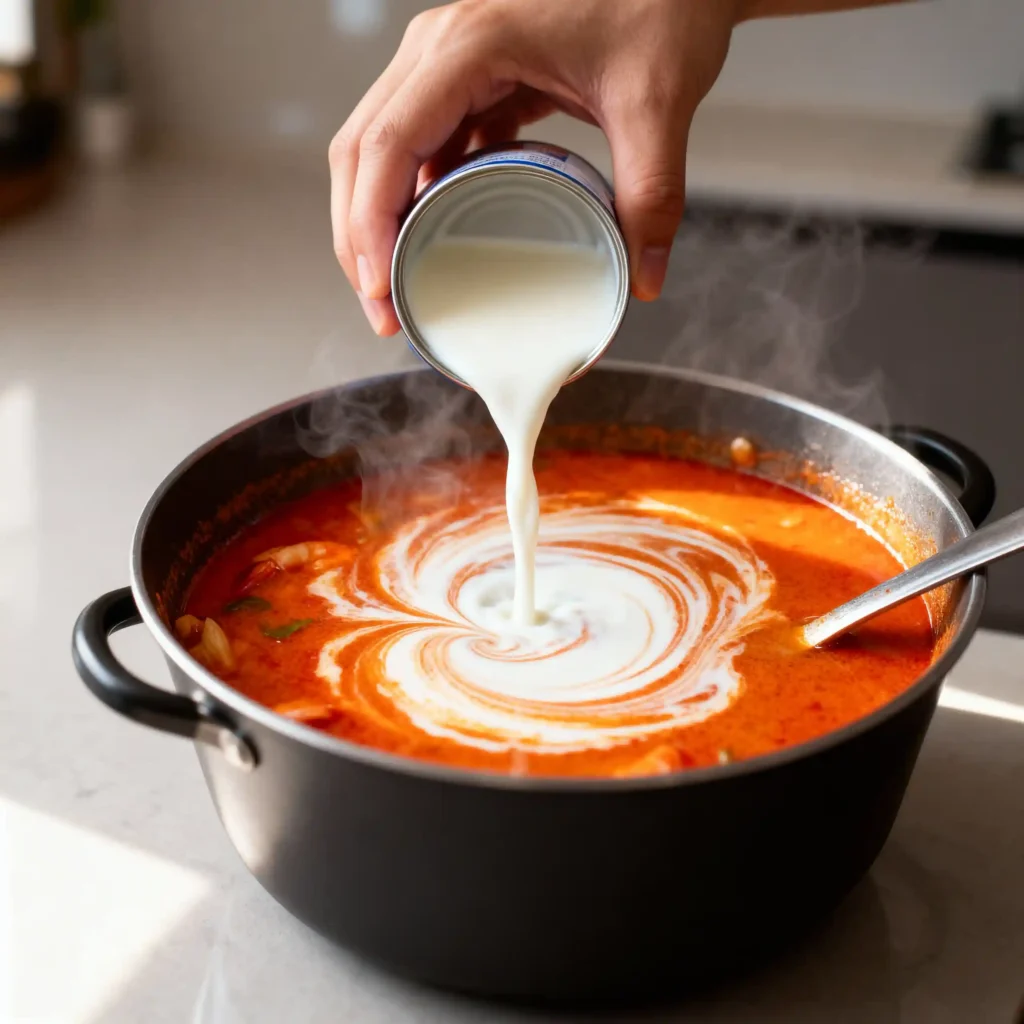 Stainless steel ladle stirring Tom Yum soup in a pot, with small bowls of lime juice, fish sauce, and sugar nearby.