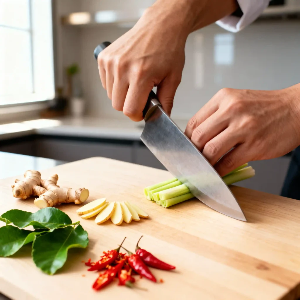 Chef's hands bruising lemongrass with a knife on a cutting board, with sliced galangal, torn kaffir lime leaves, and fresh chilies nearby.