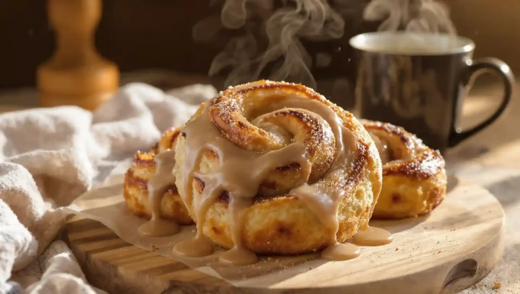A close-up view of golden brown cinnamon knots covered in thick coffee-flavored icing on a wooden board.