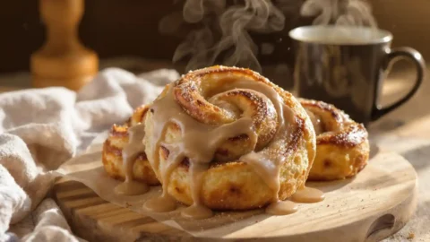 A close-up view of golden brown cinnamon knots covered in thick coffee-flavored icing on a wooden board.