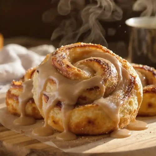 A close-up view of golden brown cinnamon knots covered in thick coffee-flavored icing on a wooden board.
