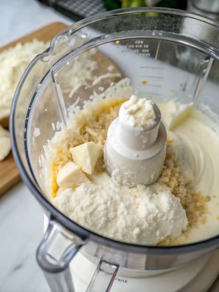 Close-up inside a blender showing cottage cheese, milk, and Parmesan blending into a smooth, lump-free, thick white sauce.