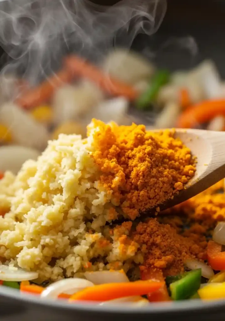 Macro close-up of grated fresh ginger and turmeric being stirred into sautéed vegetables in a pot.
