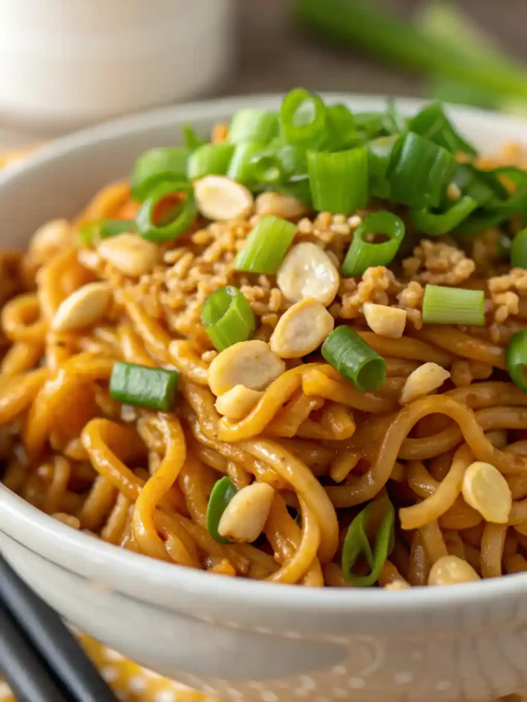 Extreme close-up showing the final texture of crushed peanuts, sesame seeds, and green onions garnishing the peanut butter ramen.