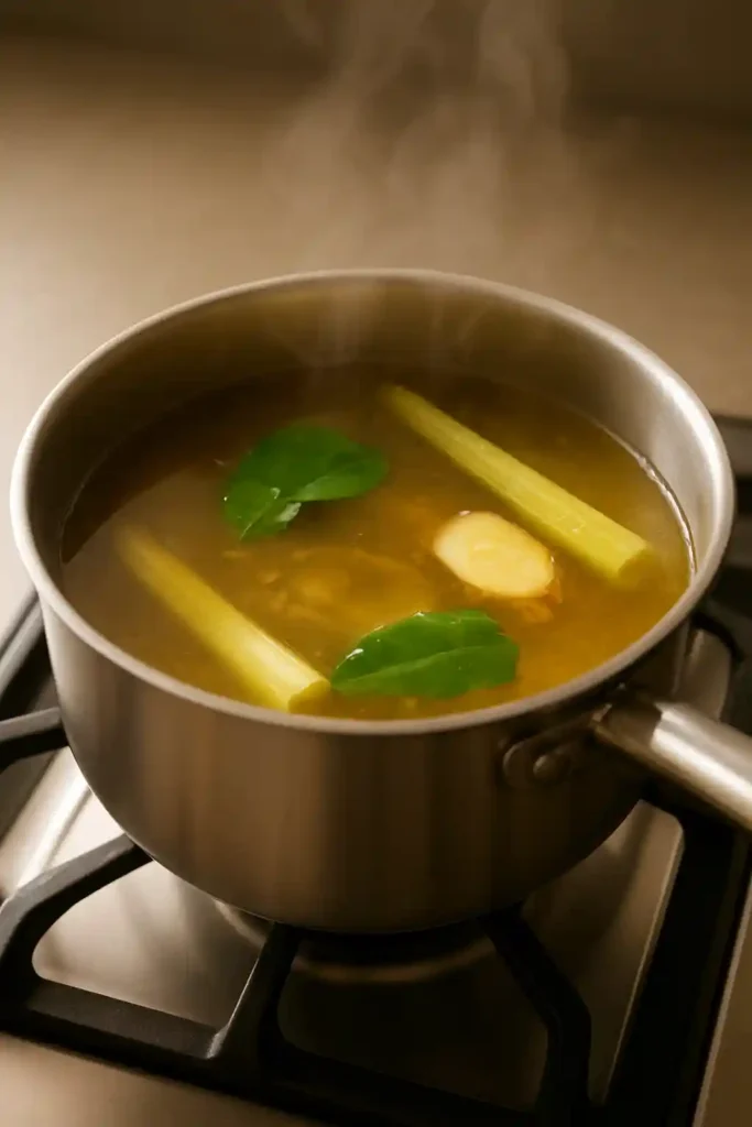 Lemongrass, galangal, and kaffir lime leaves gently simmering in clear stock in a stainless steel pot on a stove.