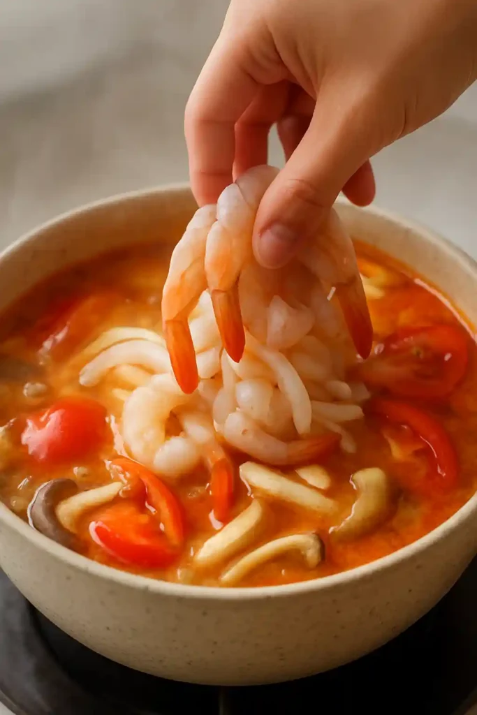 Hand adding sliced white onion, halved oyster mushrooms, and tomato wedges to a simmering Tom Yum broth.