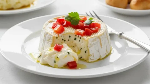 Finished plate of creamy Boursin cheese pasta, garnished with fresh basil