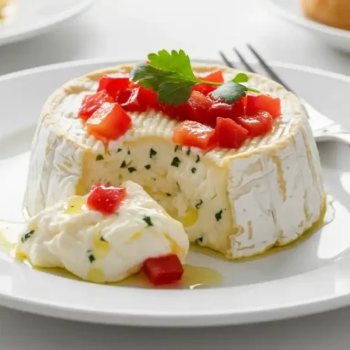 Finished plate of creamy Boursin cheese pasta, garnished with fresh basil
