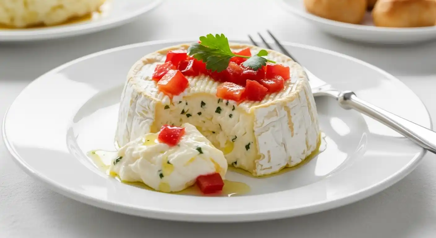 Finished plate of creamy Boursin cheese pasta, garnished with fresh basil