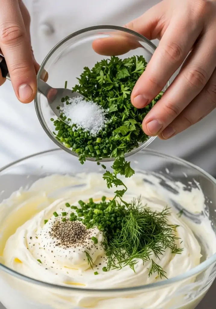 Close-up of a chef's hands adding finely chopped fresh parsley, chives, dill, salt, and pepper to a creamy whipped cheese base.