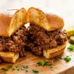 Close-up of a sloppy joe sandwich overflowing with thick, meaty, saucy filling on a golden toasted bun, served with pickles on a wooden board.