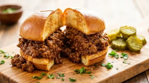 Close-up of a sloppy joe sandwich overflowing with thick, meaty, saucy filling on a golden toasted bun, served with pickles on a wooden board.