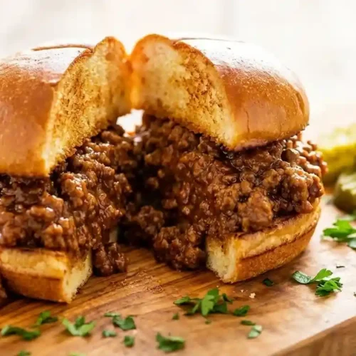 Close-up of a sloppy joe sandwich overflowing with thick, meaty, saucy filling on a golden toasted bun, served with pickles on a wooden board.