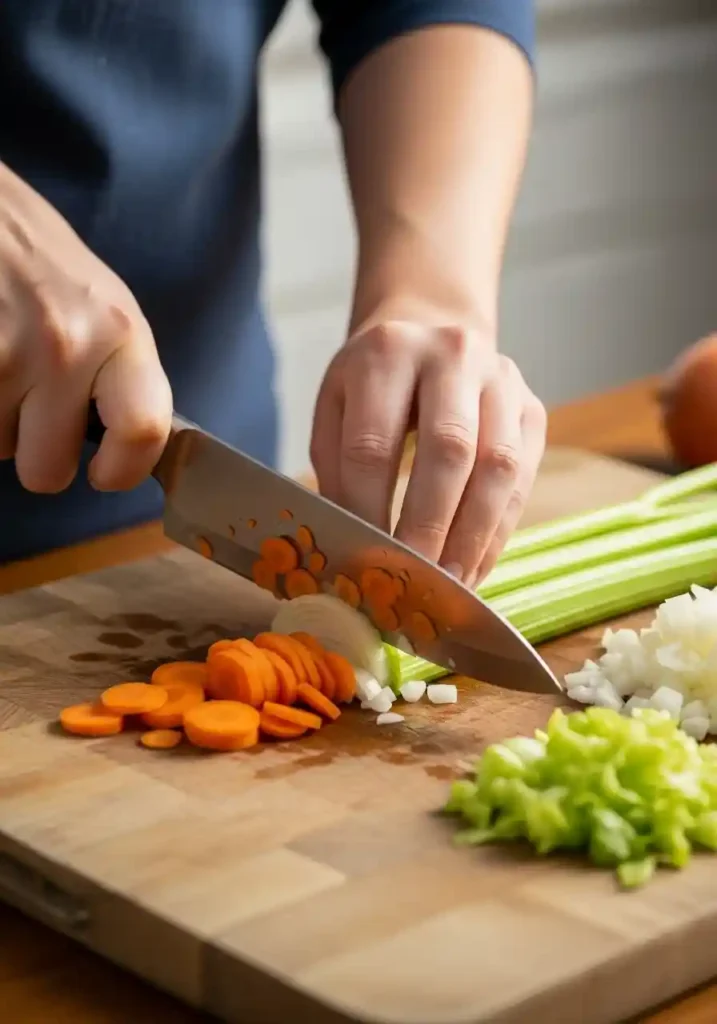 Hands using a sharp knife to chop carrots, celery, and onions on a wooden cutting board.